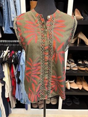 a new day Sleeveless Tunic with Coral Red Leaf Pattern & Embroidered Details